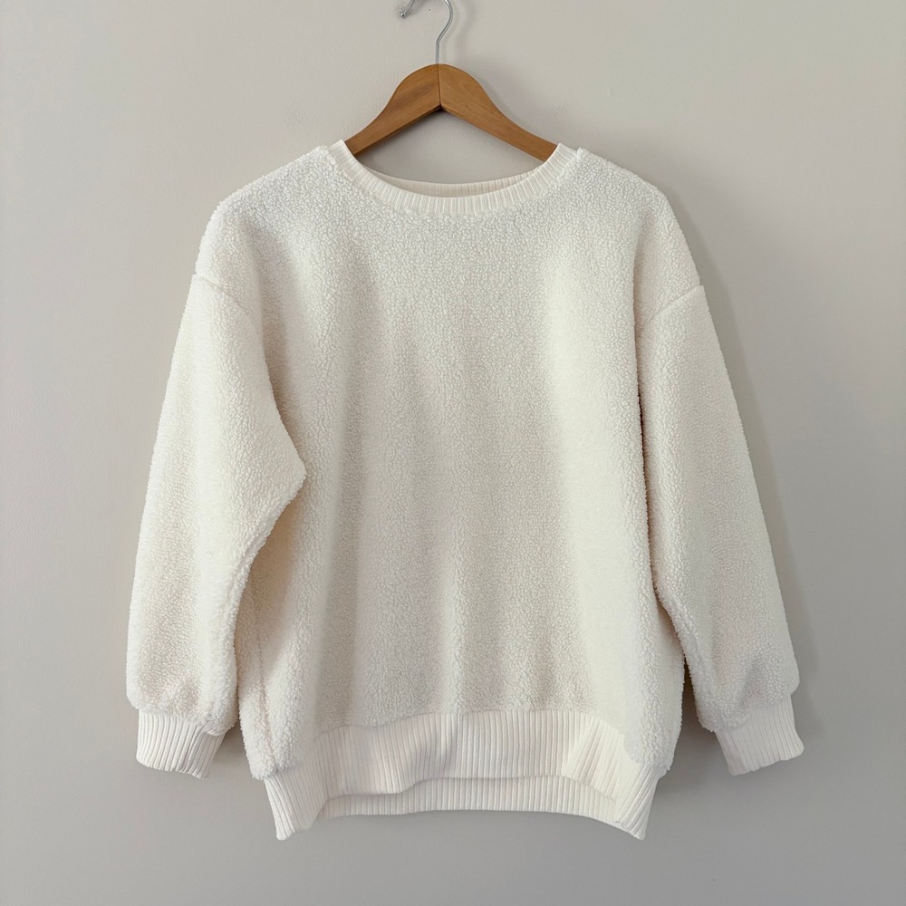 A New Day Sweatshirt Medium Cream Sherpa Faux Fur Crewneck Drop Shoulder Cozy